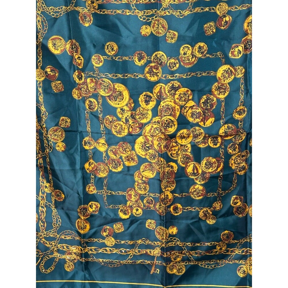 Ladies Scarf Gold Coin Design 100% Polyester 35in Square Deep Emerald Green - Picture 2 of 6